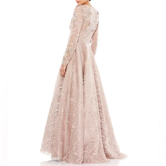 NWT MacDuggal 11121 Mocha Embellished Illusion Long Sleeve A-Line Ball Gown-Sz 8 - Picture 2 of 15